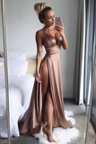 Promfast Brown Satin Thigh High Slit Deep V Neck Spaghetti Straps Long A Line Prom Dresses HZ0527