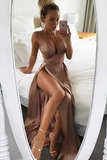 Promfast Brown Satin Thigh High Slit Deep V Neck Spaghetti Straps Long A Line Prom Dresses HZ0527