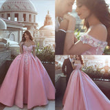 Pink Off the Shoulder Ball Gown Lace Appliques Satin Prom Dress HZ0527