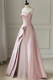 Pink Strapless Satin Floor Length Prom Dress, A Line Formal Evening Dress HZ0527