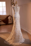 Lovely Lace Mermaid Halter Open Back Wedding Party Dress, Lace Long Formal Dress HZ0527