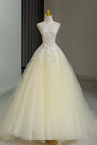 A Line Lace Tulle Champagne Long Prom Dress, Tulle Lace Long Graduation Dress HZ0527