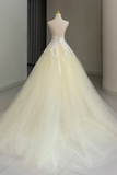 A Line Lace Tulle Champagne Long Prom Dress, Tulle Lace Long Graduation Dress HZ0527