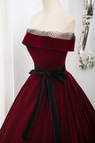 Burgundy Velvet Long Formal Dress, Off the Shoulder Evening Party Dress HZ0527