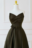 A Line V Neck Satin Olive Green Long Prom Dress, Satin Long Formal Dress HZ0527