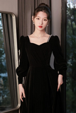 Black Velvet Long Sleeve Party Dress, A Line Floor Length Formal Evening Dress HZ0527