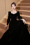 Black Velvet Long Sleeve Party Dress, A Line Floor Length Formal Evening Dress HZ0527
