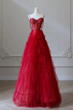 Red Sweetheart Tulle Layers Beaded Straps Prom Dress, Floor Length Party Dress HZ0527