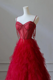 Red Sweetheart Tulle Layers Beaded Straps Prom Dress, Floor Length Party Dress HZ0527