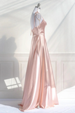 Pink Spaghetti Strap Satin Long Prom Dress, Simple A Line Evening Party Dress HZ0527