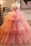 Pink Sweetheart Tulle Ball Gown Long Party Dress, Pink Tulle Prom Dress HZ0527