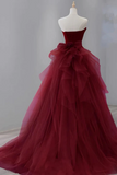 Wine Red Satin and Tulle Long Party Dress, Strapless Formal Dress HZ0527