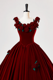 Burgundy Velvet Floor Length Prom Dress, A Line Evening Party Dress with Flowers HZ0527