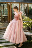 Pink Tulle and Velvet Tea Length Wedding Party Dress, Pink Formal Dress HZ0527