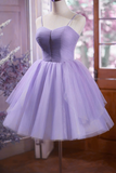 Light Purple Tulle Straps Simple Knee Length Party Dress, Homecoming Dress HZ0527