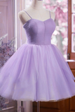 Light Purple Tulle Straps Simple Knee Length Party Dress, Homecoming Dress HZ0527