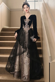 A Line Black Tulle with Lace Applique Party Dress, Velvet Long Sleeves Prom Dress HZ0527