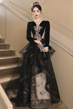 A Line Black Tulle with Lace Applique Party Dress, Velvet Long Sleeves Prom Dress HZ0527