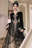 A Line Black Tulle with Lace Applique Party Dress, Velvet Long Sleeves Prom Dress HZ0527