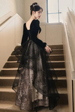 A Line Black Tulle with Lace Applique Party Dress, Velvet Long Sleeves Prom Dress HZ0527