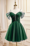 Green Tulle Knee Length Homecoming Dress, Beaded Short Prom Party Dress HZ0527