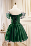 Green Tulle Knee Length Homecoming Dress, Beaded Short Prom Party Dress HZ0527