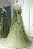 A Line Off Shoulder Tulle Sequin Green Long Prom Dress, Long Formal Dress HZ0527