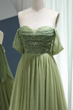 A Line Off Shoulder Tulle Sequin Green Long Prom Dress, Long Formal Dress HZ0527