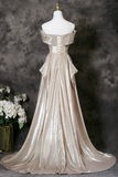 A Line Off Shoulder Champagne Long Prom Dress, Formal Dress HZ0527