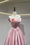 Pink A Line Satin Floor Length Prom Dress, Beautiful Off the Shoulder Evening Party Dress HZ0527
