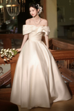 A Line Off Shoulder Satin White Long Prom Dress, Formal Dress HZ0527