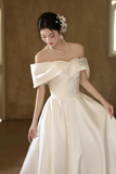 A Line Off Shoulder Satin White Long Prom Dress, Formal Dress HZ0527