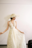 Elegant V Neck Tulle Lace Long Prom Dress, Ivory A Line Formal Evening Dress HZ0527