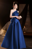 A Line One Shoulder Satin Blue Long Prom Dress, Long Formal Dress HZ0527