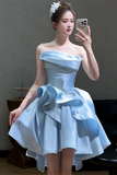 Light Blue Satin Strapless Knee Length Homecoming Dress, Short Party Dress HZ0527