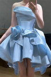 Light Blue Satin Strapless Knee Length Homecoming Dress, Short Party Dress HZ0527