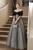 Black Tulle A Line Short Sleeves Sweetheart Party Dress, Black Tulle Prom Dress HZ0527