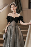 Black Tulle A Line Short Sleeves Sweetheart Party Dress, Black Tulle Prom Dress HZ0527