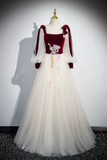 A Line Long Sleeve Tulle Lace Champagne Long Prom Dress HZ0527