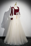 A Line Long Sleeve Tulle Lace Champagne Long Prom Dress HZ0527