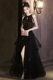 Black Sequins and Tulle Long Party Dress, Chic Beaded Floor Length Prom Dress HZ0527