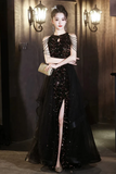 Black Sequins and Tulle Long Party Dress, Chic Beaded Floor Length Prom Dress HZ0527