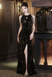Black Sequins and Tulle Long Party Dress, Chic Beaded Floor Length Prom Dress HZ0527