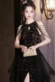 Black Sequins and Tulle Long Party Dress, Chic Beaded Floor Length Prom Dress HZ0527