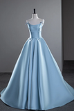 A Line Satin Blue Long Prom Dress, Blue Long Evening Dress HZ0527