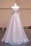 Sparkling Pink Sequined Long Prom Dress, Spaghetti Strap Party Dress with Bow HZ0527