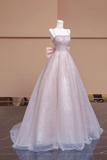 Sparkling Pink Sequined Long Prom Dress, Spaghetti Strap Party Dress with Bow HZ0527