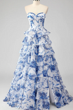 Blue Floral Sweetheart Layers Party Dress, Strapless Blue Long Prom Dress HZ0527