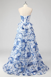 Blue Floral Sweetheart Layers Party Dress, Strapless Blue Long Prom Dress HZ0527