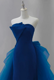 Blue Satin and Tulle Long Strapless Party Dress, Satin with Tulle Prom Dress HZ0527